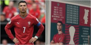 Cristiano Ronaldo en tenue de la Seleção portugaise, l'air pensif, avec un smartphone en arrière-plan symbolisant son post.
