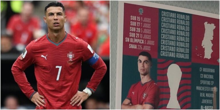 Cristiano Ronaldo en tenue de la Seleção portugaise, l'air pensif, avec un smartphone en arrière-plan symbolisant son post.