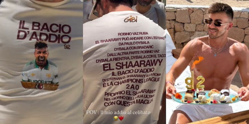 Stephan El Shaarawy lors de son enterrement de vie de garçon, portant un maillot spécial, avec des amis, suscitant la controverse parmi les fans de l'AS Roma.
