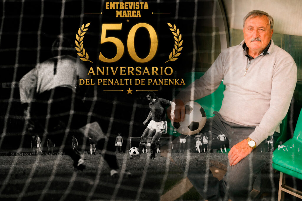 Antonín Panenka exécutant son célèbre penalty lors de la finale de l'Euro 1976