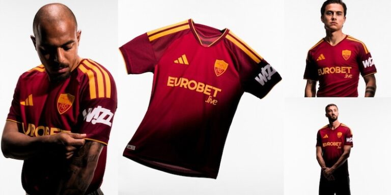 Maillot domicile AS Roma 2026/27 avec inscription latine sur le col, design Virtus, bande pourpre et or, hommage 99e anniversaire club.