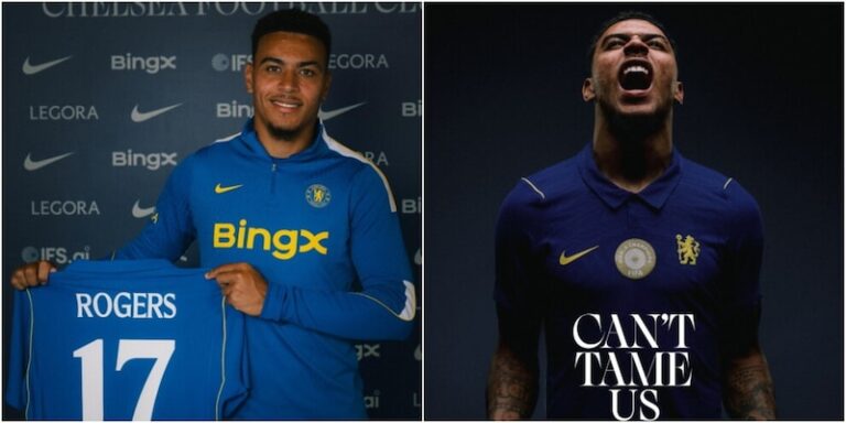 Morgan Rogers celebra il gol con la maglia del Chelsea