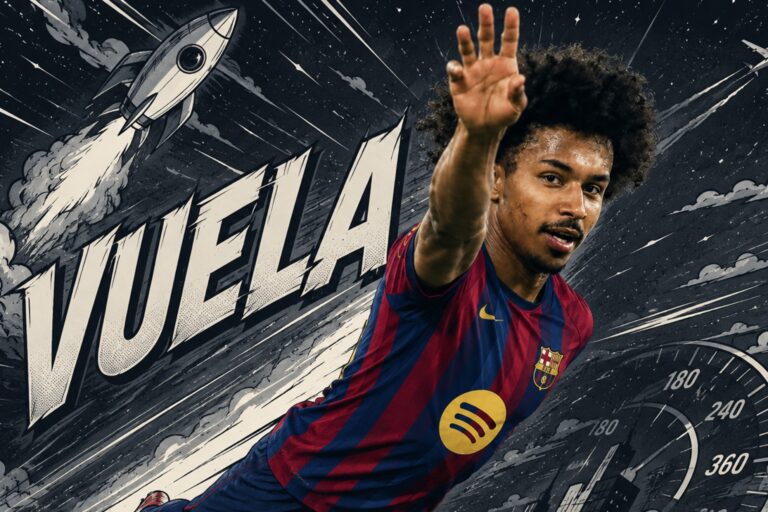 Karim Adeyemi sprintant a pleine vitesse sur la pelouse du Camp Nou, fond vert bleu et rouge, ballon aux pieds.