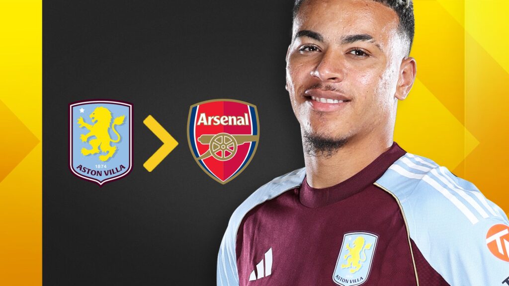 Morgan Rogers célébrant un but pour Aston Villa en Premier League, ciblé par Arsenal en transfert.