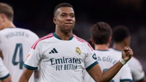 Kylian Mbappé célébrant un but pour le Real Madrid