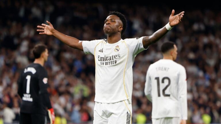Vinicius Junior célébrant son but avec le Real Madrid au Bernabéu